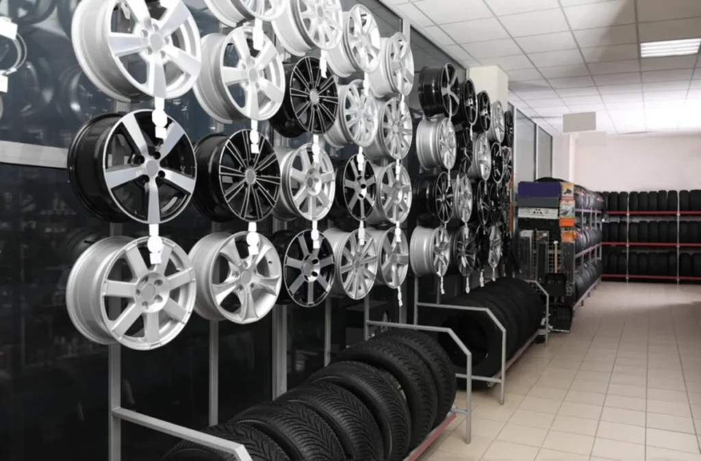 Display of car rims and tires