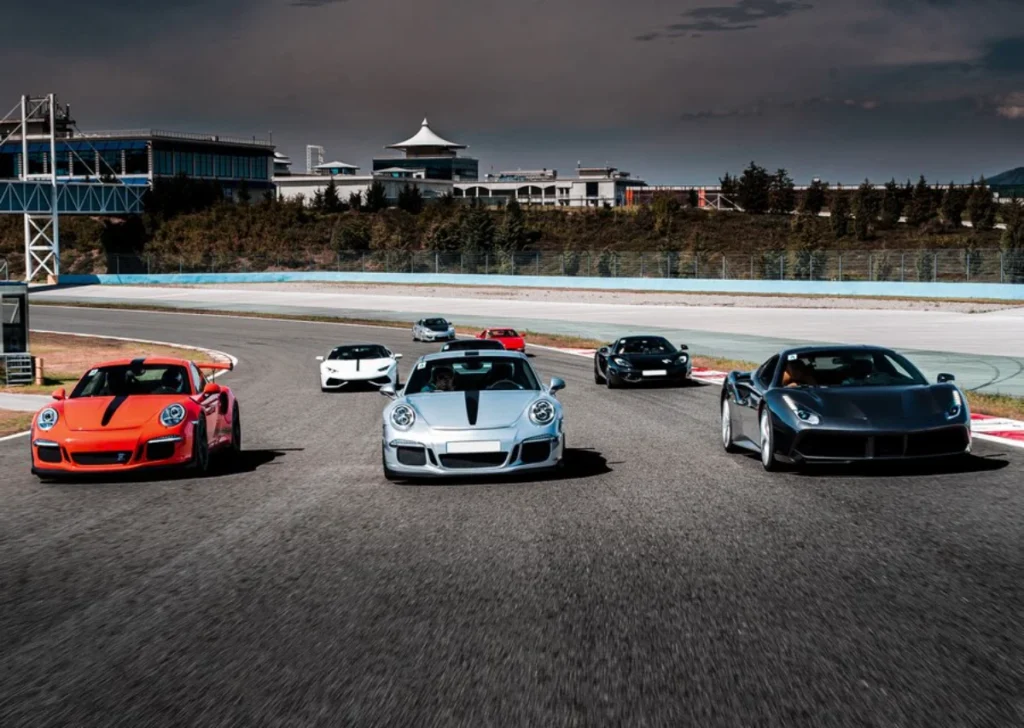 Sports cars on racetrack